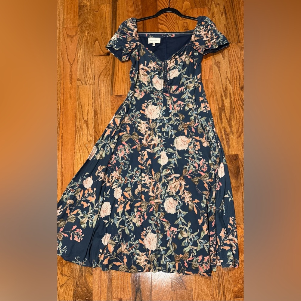 Cara Cara Bellport Blue Midi Floral Dress Fit & Flare Sweetheart Neck Designer - Picture 3 of 10